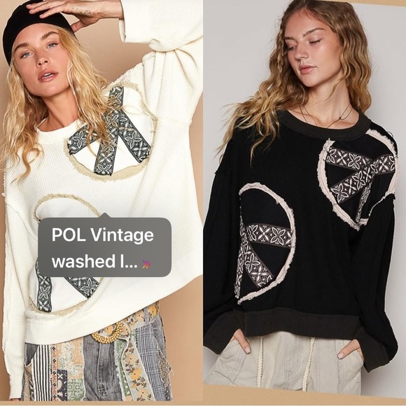 423 POL Black Peace Patch Vintage Washed Thermal Top Relaxed Fit - Picture 2 of 6